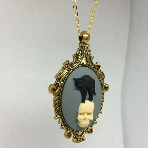 Skull Cat Black Skeleton Gothic Cameo Necklace NEW - Picture 6 of 8